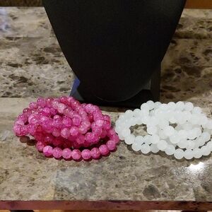 NWOT Pink and White 10mm Glass Beaded Bracelets